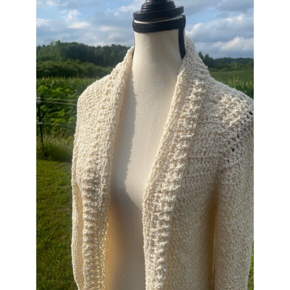 Handmade Womens Cream Crochet Cardigan Sweater Open Front & Shawl Collar Size Sm - Picture 3 of 5